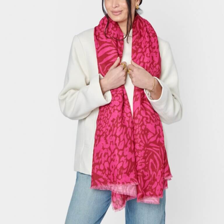 Animal Printed Scarf In Red & Fuchsia