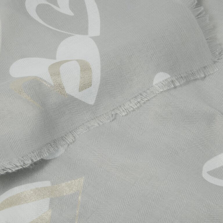 Heart Printed Foil Scarf In Pale Grey, White & Silver