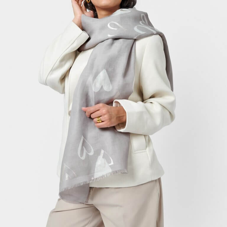 Heart Printed Foil Scarf In Pale Grey, White & Silver