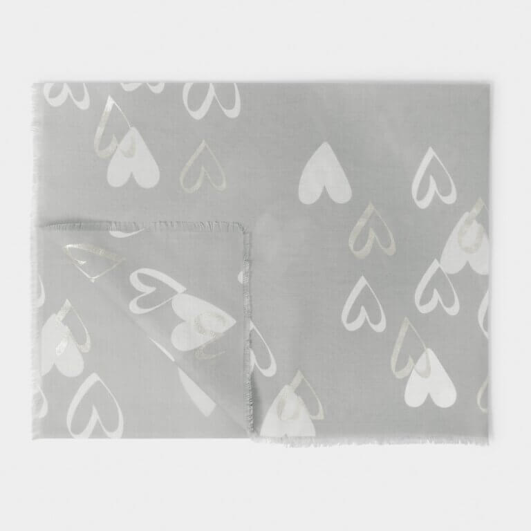 Heart Printed Foil Scarf In Pale Grey, White & Silver
