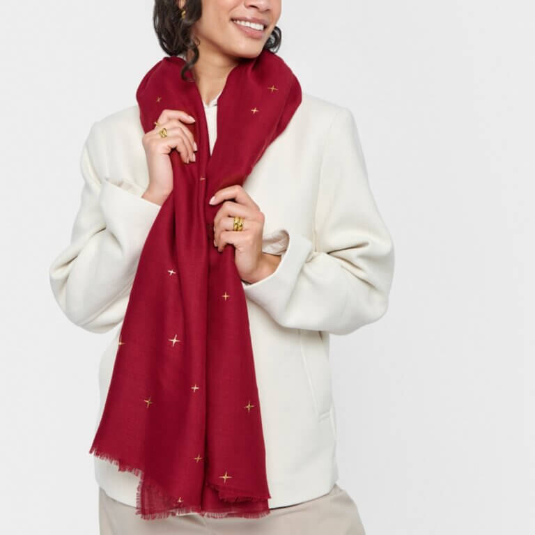 Star Sky Printed Foil Scarf In Garnet Red & Gold