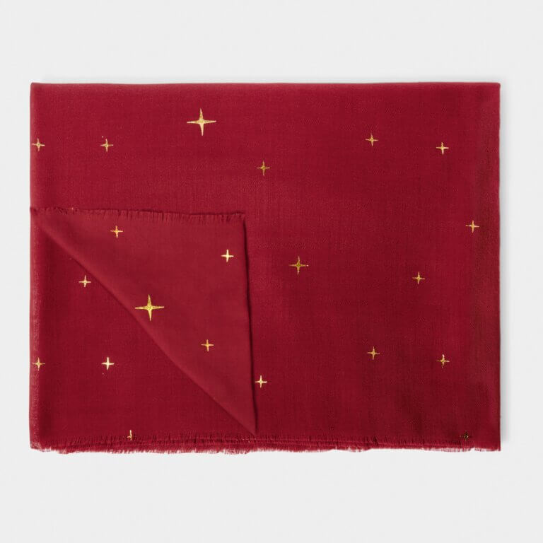 Star Sky Printed Foil Scarf In Garnet Red & Gold