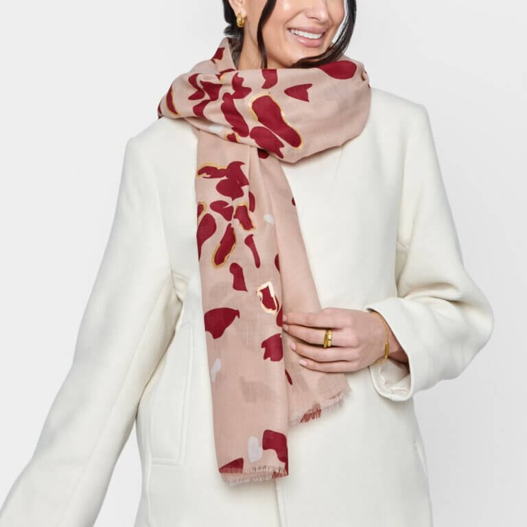 Scattered Petals Printed Foil Scarf In Dusty Rose, Garnet Red & Gold