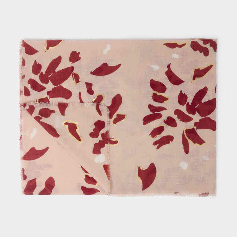 Scattered Petals Printed Foil Scarf In Dusty Rose, Garnet Red & Gold