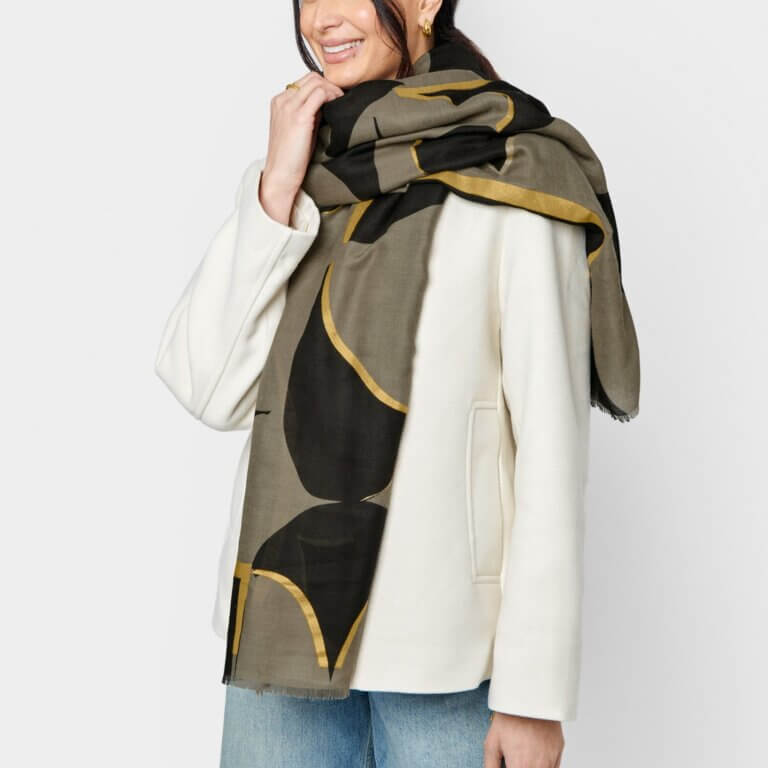 Geometric Arch Printed Foil Scarf In Khaki, Black & Gold