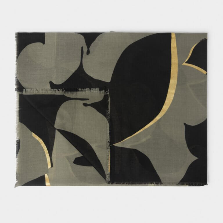 Geometric Arch Printed Foil Scarf In Khaki, Black & Gold