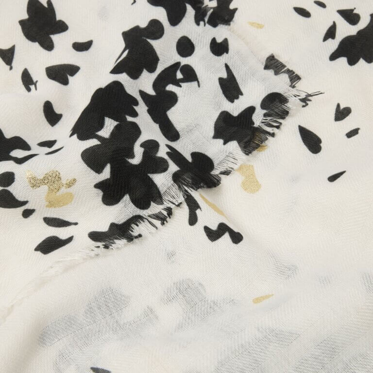 Floral Burst Printed Foil Scarf In Of White, Black & Gold