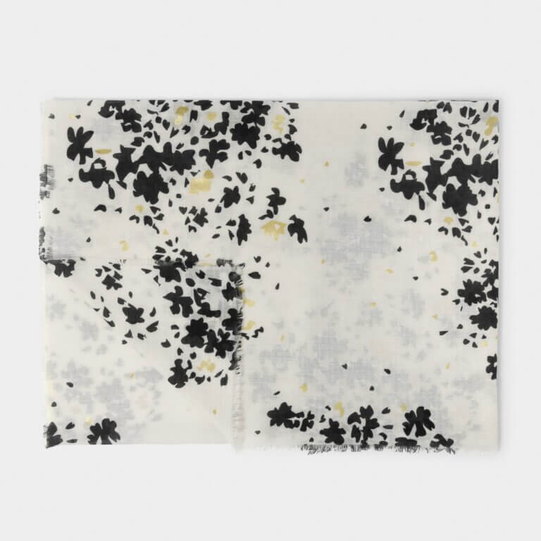 Floral Burst Printed Foil Scarf In Of White, Black & Gold