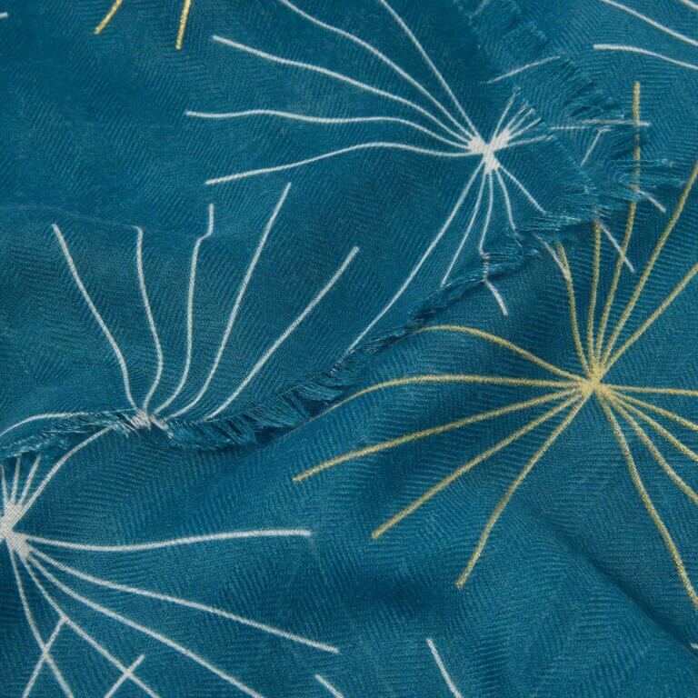 Starburst Printed Foil Scarf In Teal, Off White & Gold