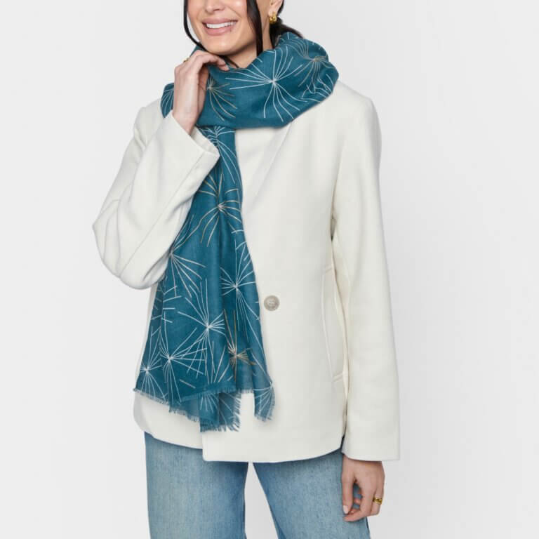 Starburst Printed Foil Scarf In Teal, Off White & Gold