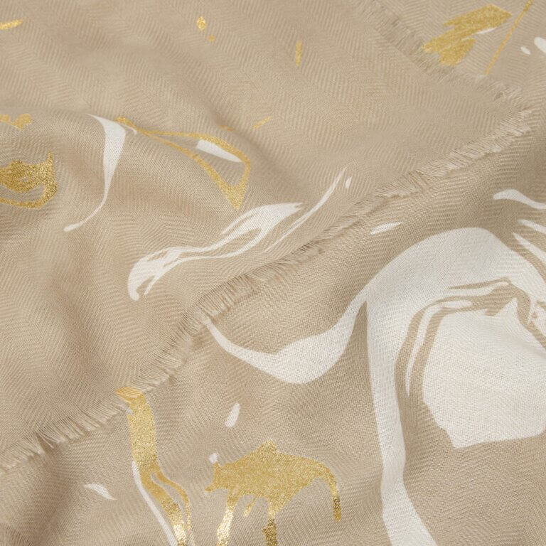 Marble Printed Foil Scarf In Light Taupe, White & Gold