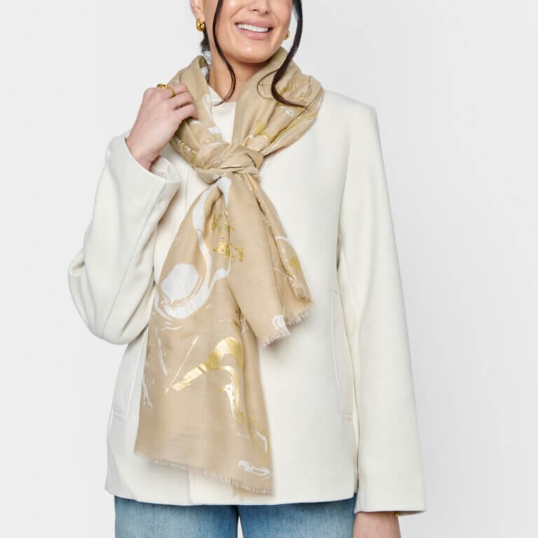 Marble Printed Foil Scarf In Light Taupe, White & Gold