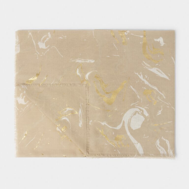 Marble Printed Foil Scarf In Light Taupe, White & Gold