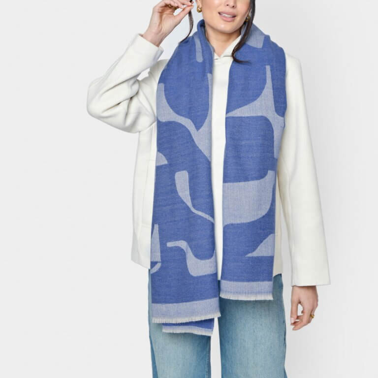 Abstract Shapes Printed Blanket Scarf In Cobalt Blue & Off White