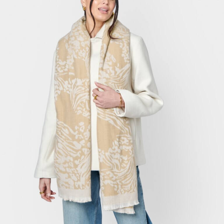 Animal Printed Blanket Scarf In Soft Tan & Off White