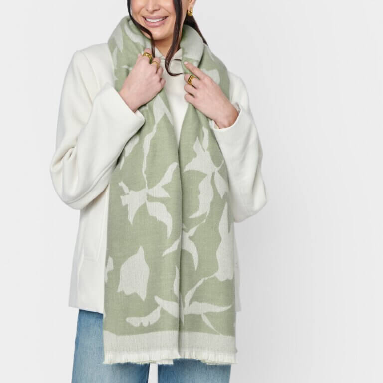Abstract Floral Printed Blanket Scarf In Sage & Off White