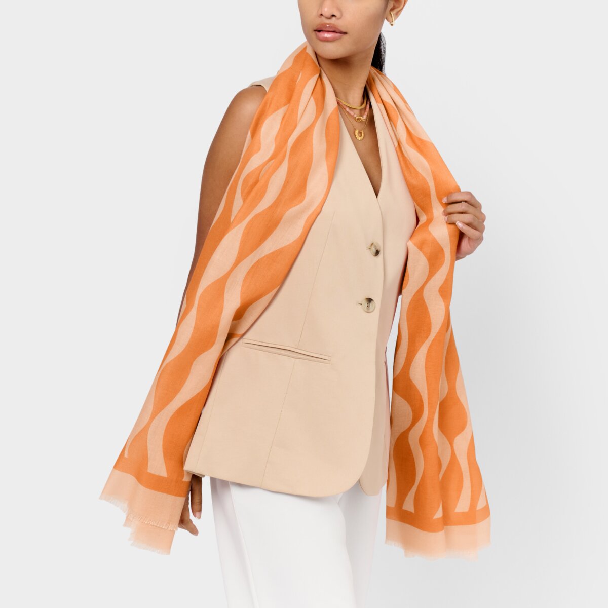 Ripple Wave Print Scarf In Orange & Pink