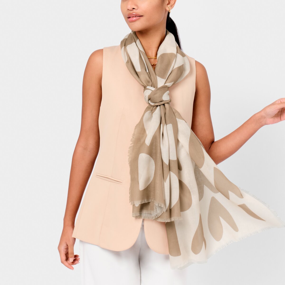 Large Heart Print Scarf In Ecru & Taupe