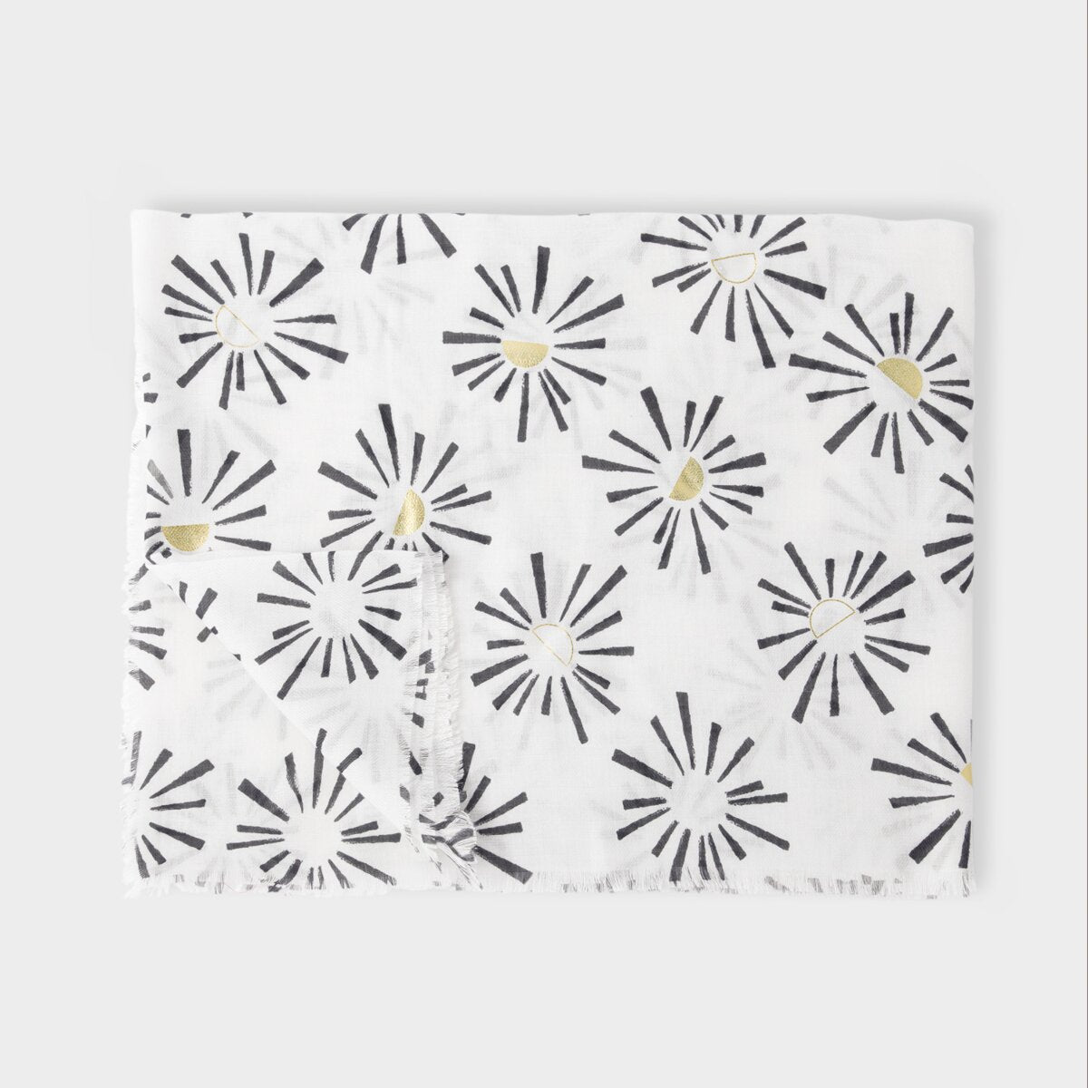 Sunburst Printed Foil Scarf In White, Black & Gold