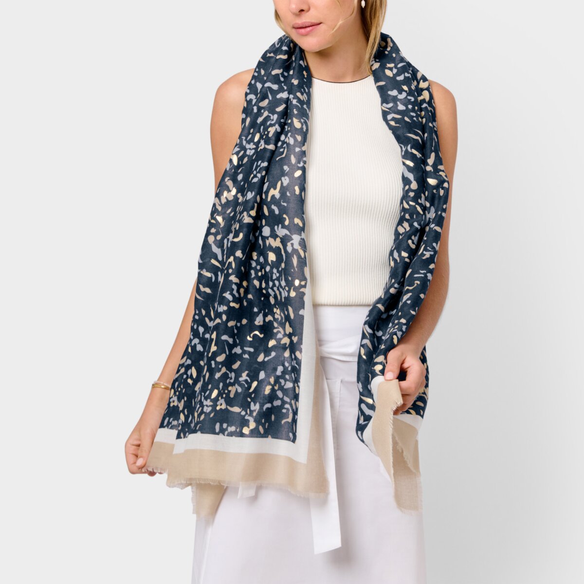 Terrazzo Printed Foil Scarf in Navy, Light Taupe & Gold