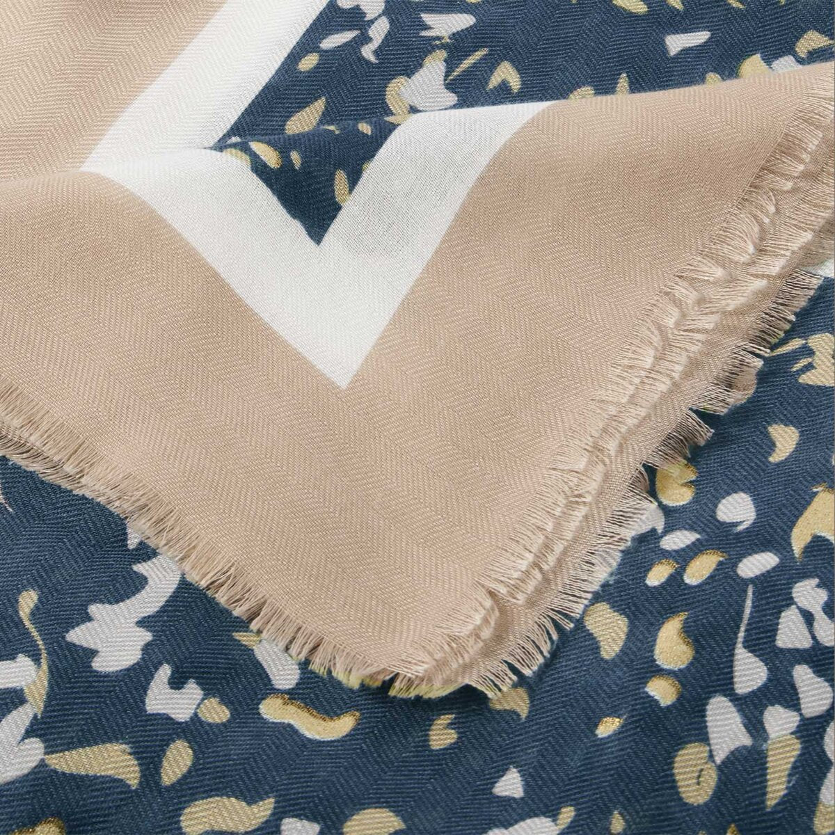 Terrazzo Printed Foil Scarf in Navy, Light Taupe & Gold
