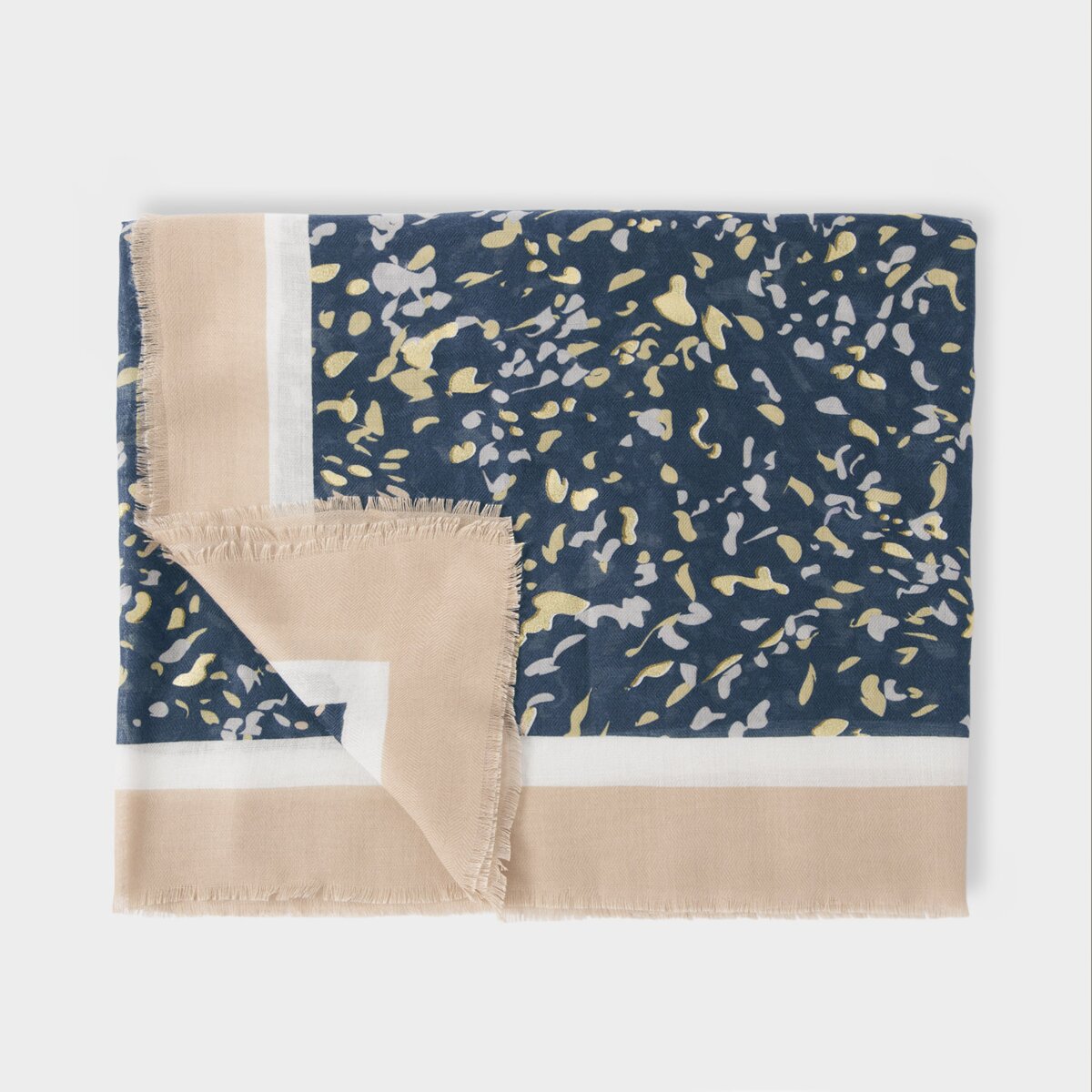 Terrazzo Printed Foil Scarf in Navy, Light Taupe & Gold