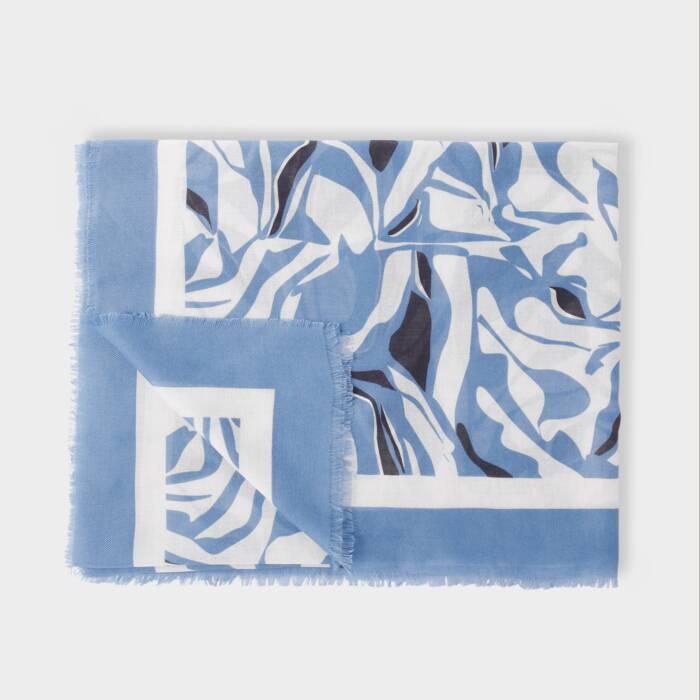 Blue Blossom Printed Foil Scarf in Cornflower Blue, Off White & Silver