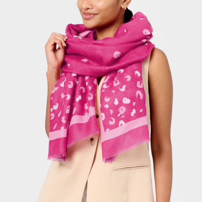 Leopard Brush Stroke Printed Foil Scarf in Magenta, Off White & Rose Gold