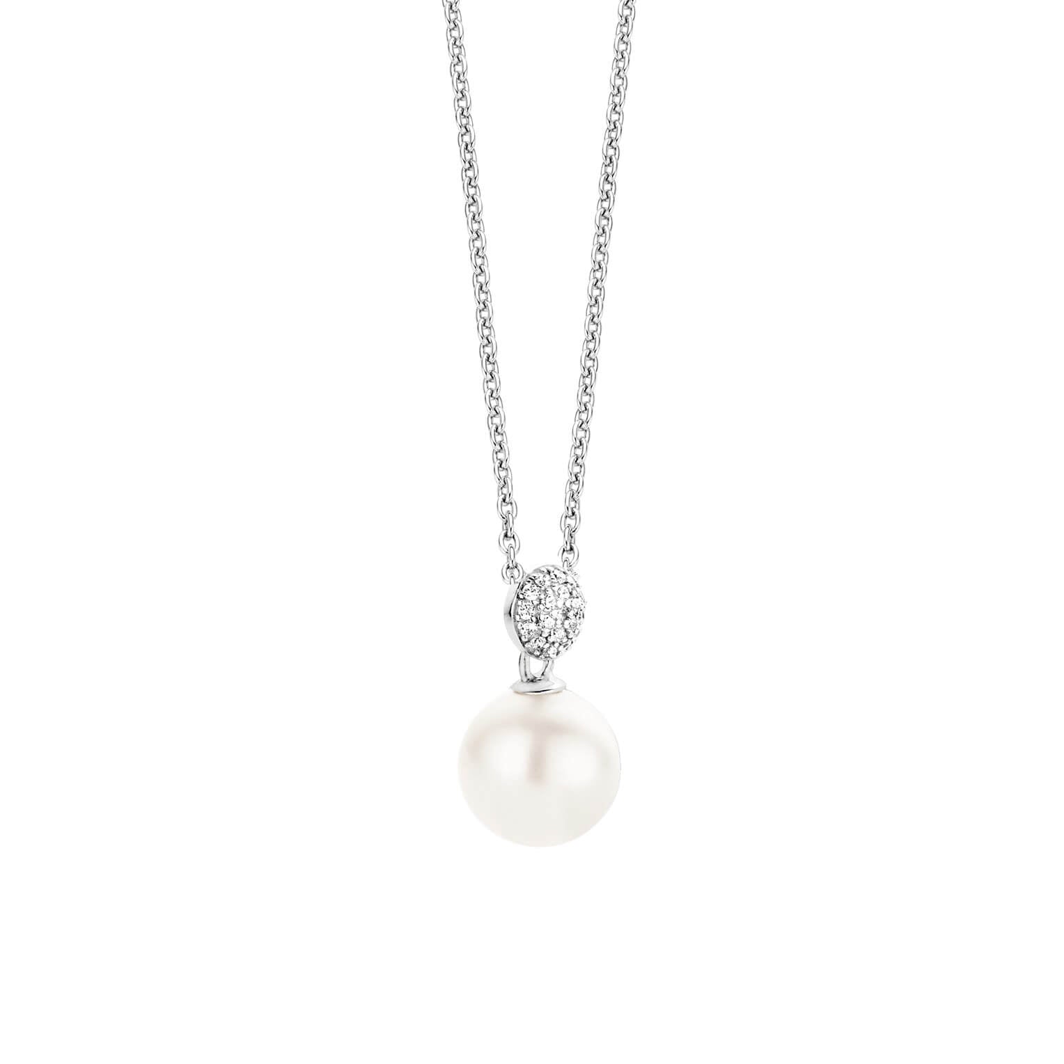 White Pearl With CZ Disc Pendant Necklace