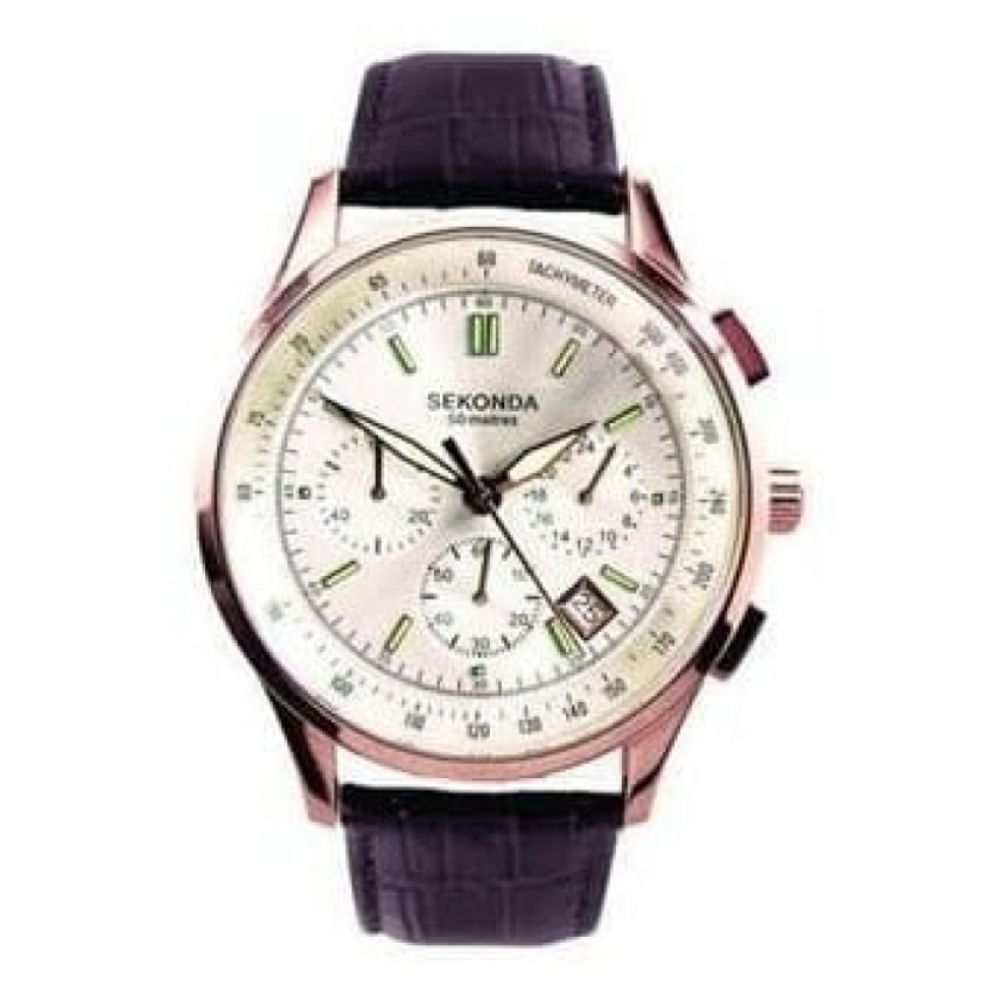 Mens Silver Dial Brown Strap Chronograph Watch
