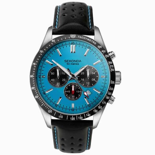 Velocity Chronograph Blue Dial & SS Case With Black Leather Strap Men's Watch