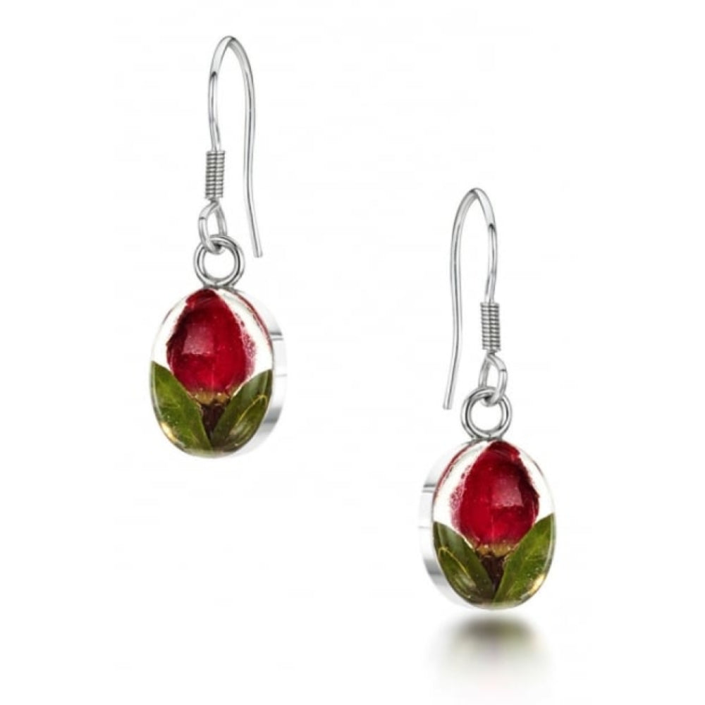 Silver Drop Earrings - Rose Bud - Oval