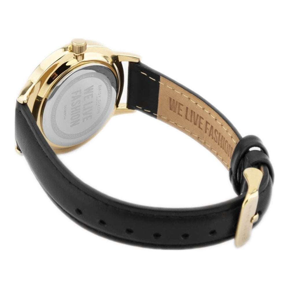 Black Leather Strap With Black & Gold Flower Printed Dial Ladies Watch