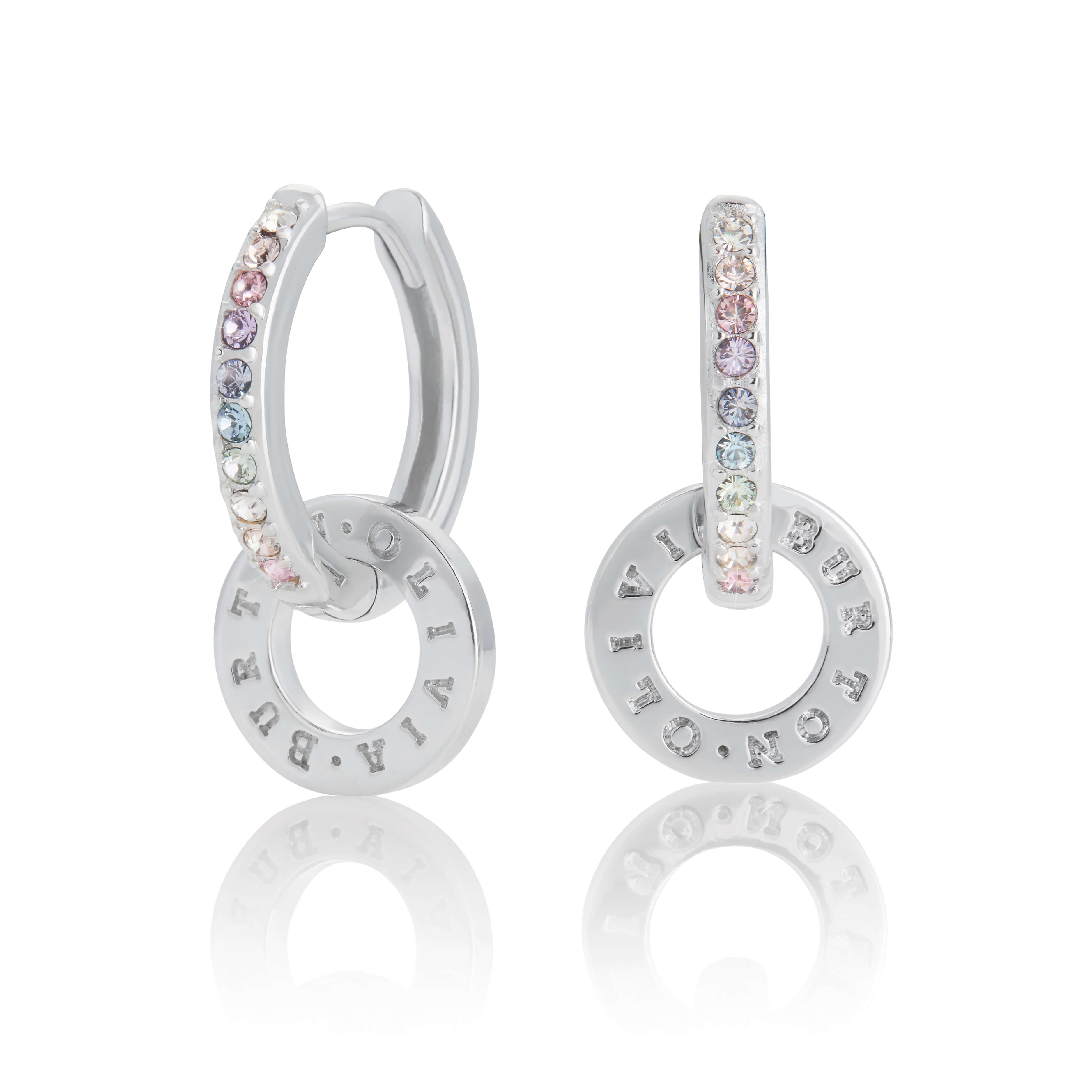 Bejewelled Rainbow Classic Rhodium Plated Huggie Hoops & Charms Earrings