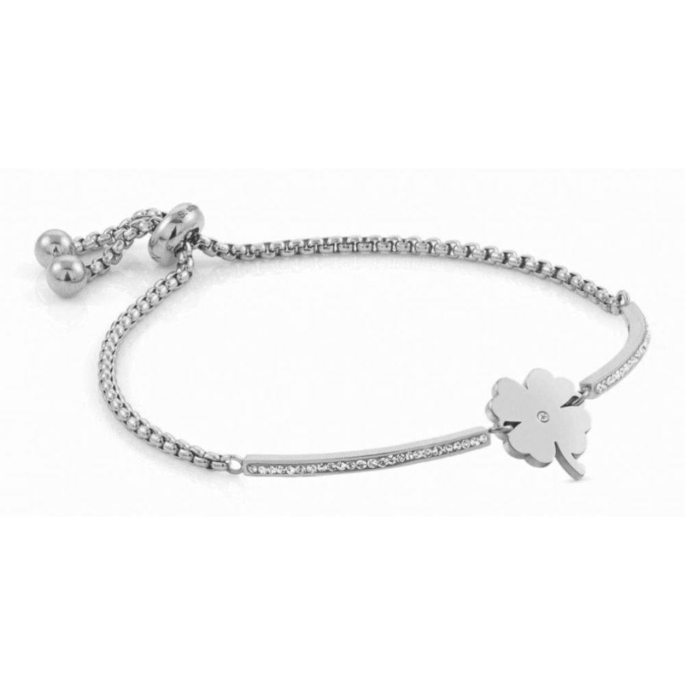 Milleluci Stainless Steel Four Leaf Clover Toggle Pav Half Bangle Bracelet