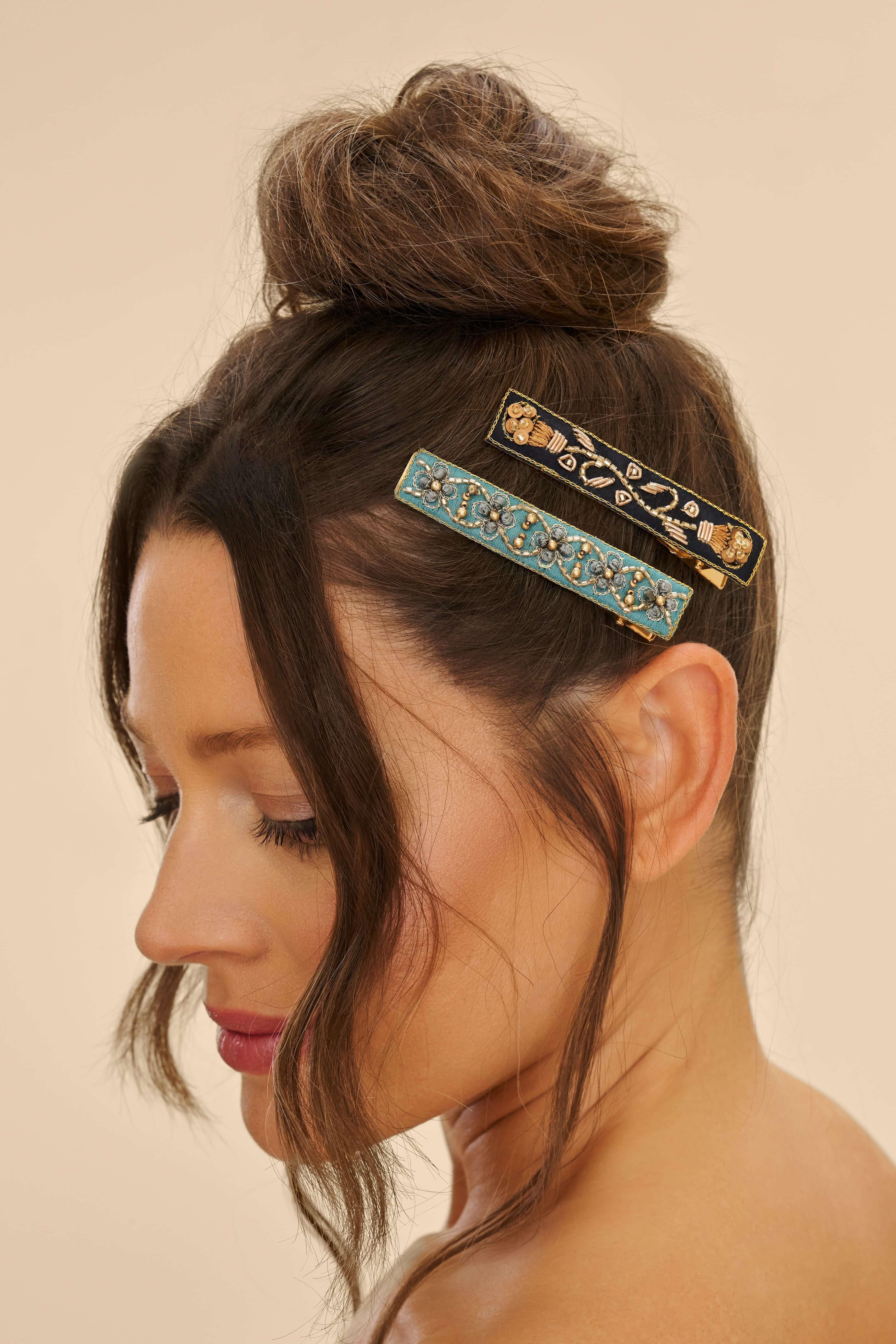 Narrow Jewelled Hair Bar (Set of 2) - Ribbon and Vine, Turquoise & Charcoal