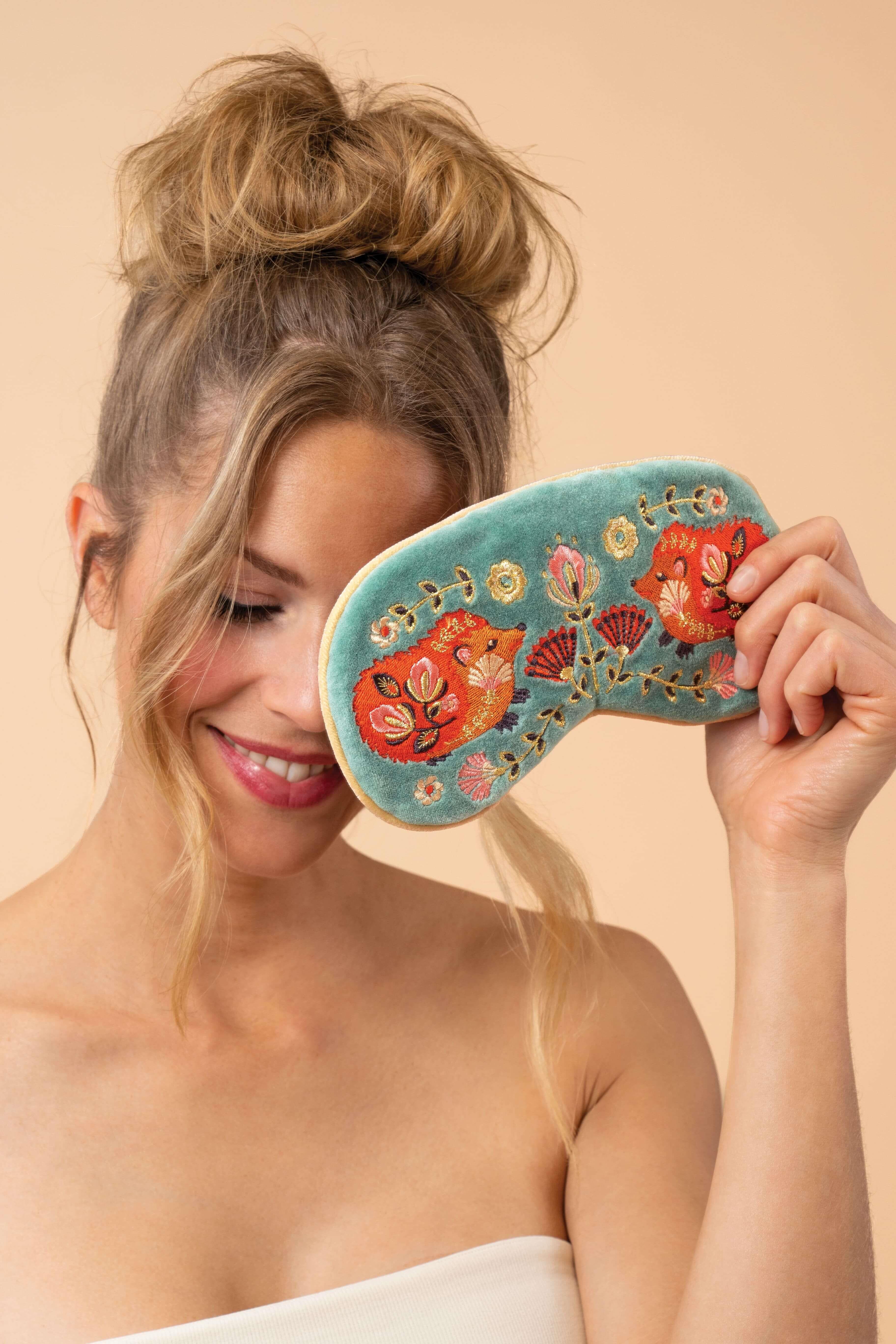 Folk Art Hedgehog Luxury Lavender Eye Mask - Aqua
