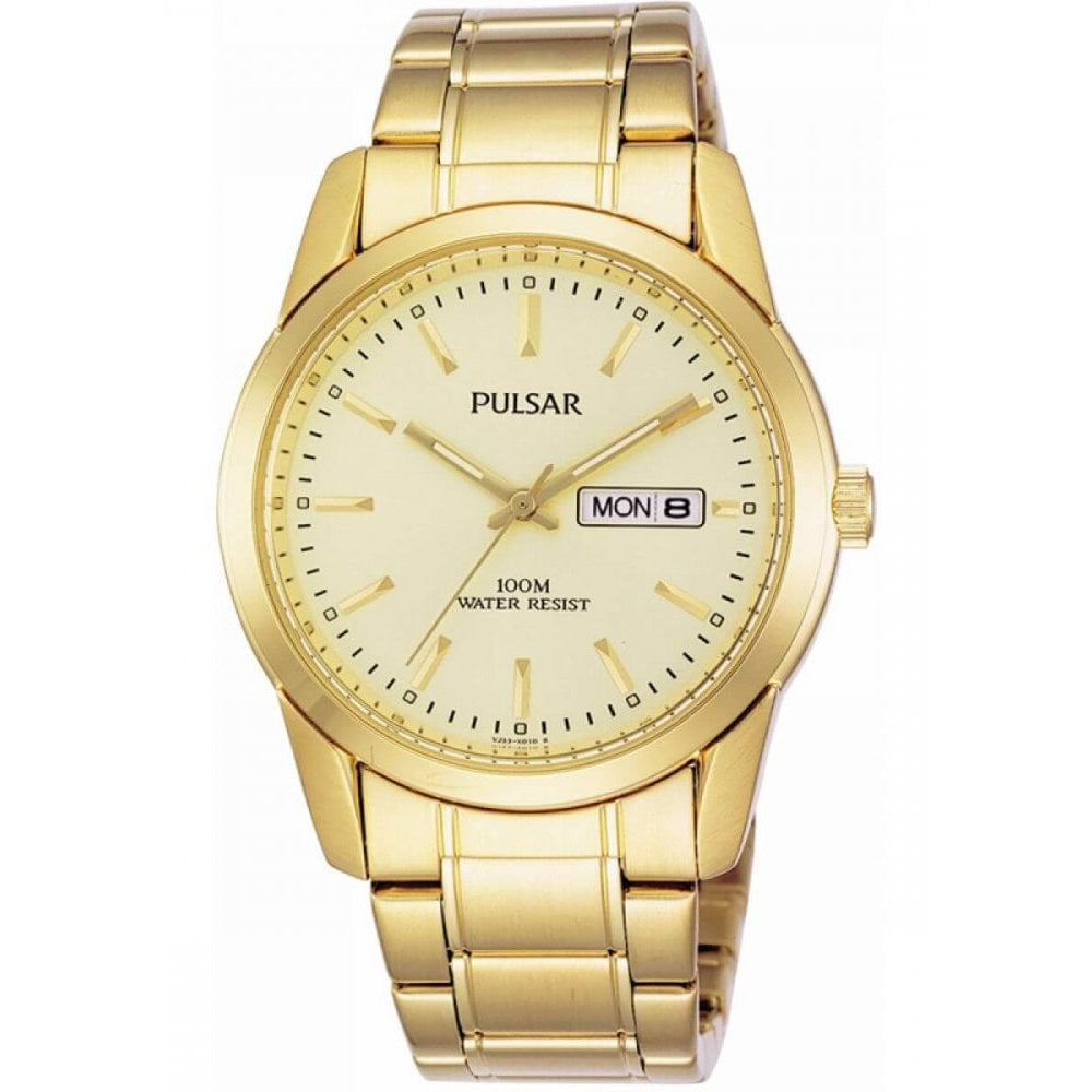 Gold Plated Bracelet Strap With Gold Plated Case & Champagne Day/Date Display Dial Gents Watch