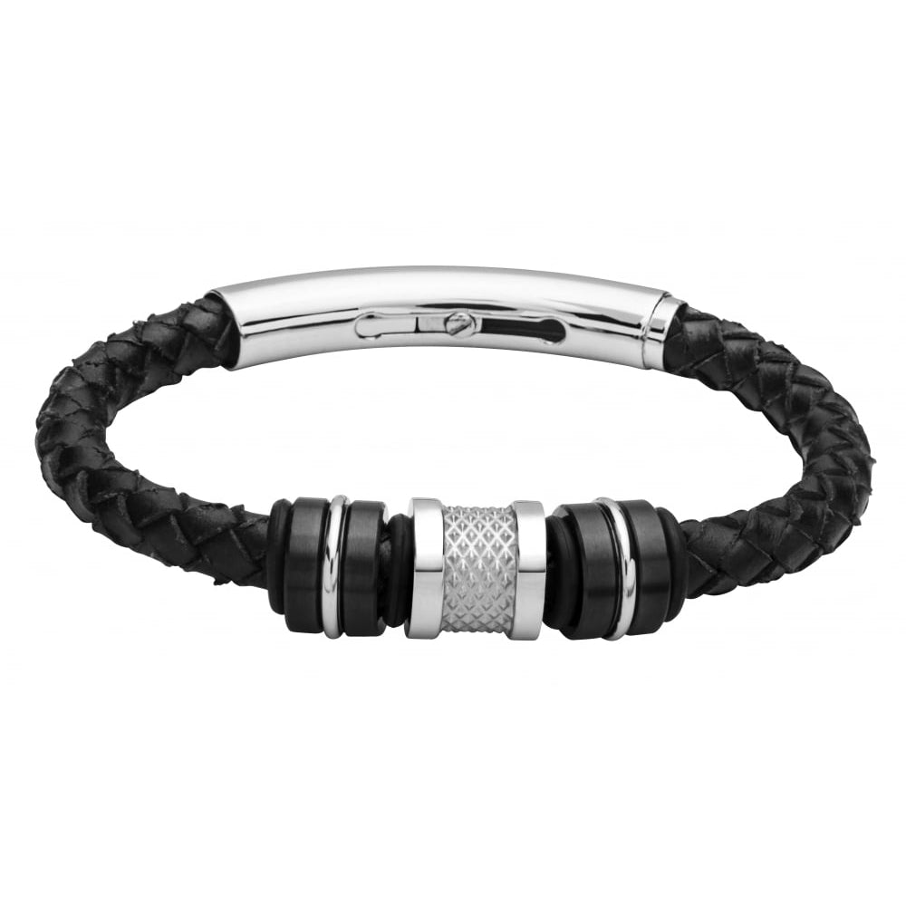Black Leather Gents Bracelet With 3 Cylindrical Beads & Highly Machined Centre Bead