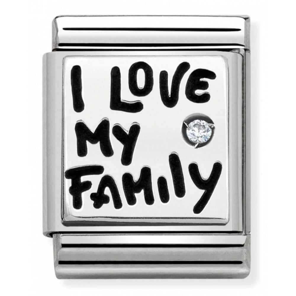 Composable Big Engraved Signs in Stainless Steel, Sterling Silver & A Cubic Zirconia I LOVE MY FAMILY Charm