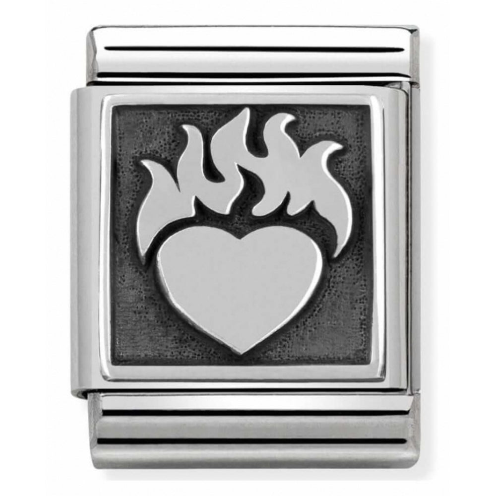 Composable Oxidized Heart With Flames Symbol Stainless Steel And Sterling Silver Big Charm