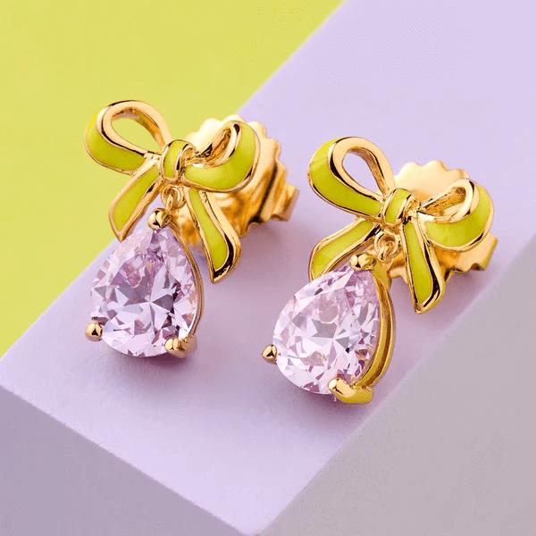 Amelia Bow Studs In Lime Enamel, Lilac CZ Teardrop & Gold
