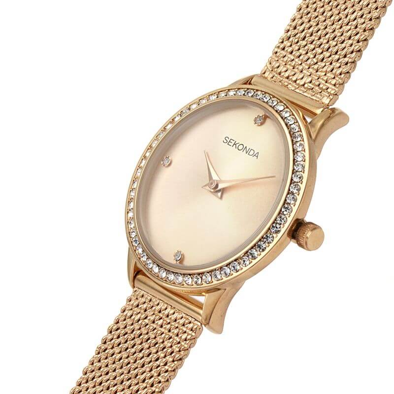 Rose Gold Plated Stone Set Dial & Mesh Bracelet Strap Ladies Watch