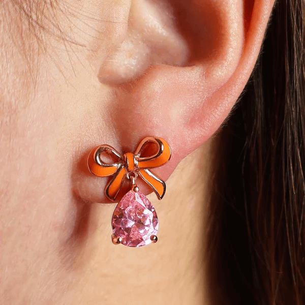 Amelia Bow Studs In Coral Enamel, Pink CZ Teardrop & Rose Gold