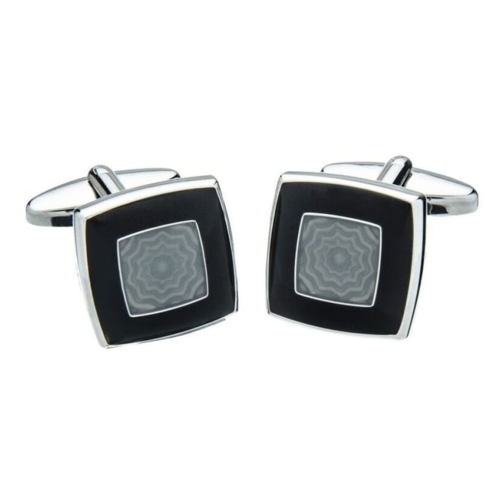 Brass Silver Square Cufflinks With Black & Grey Enamel