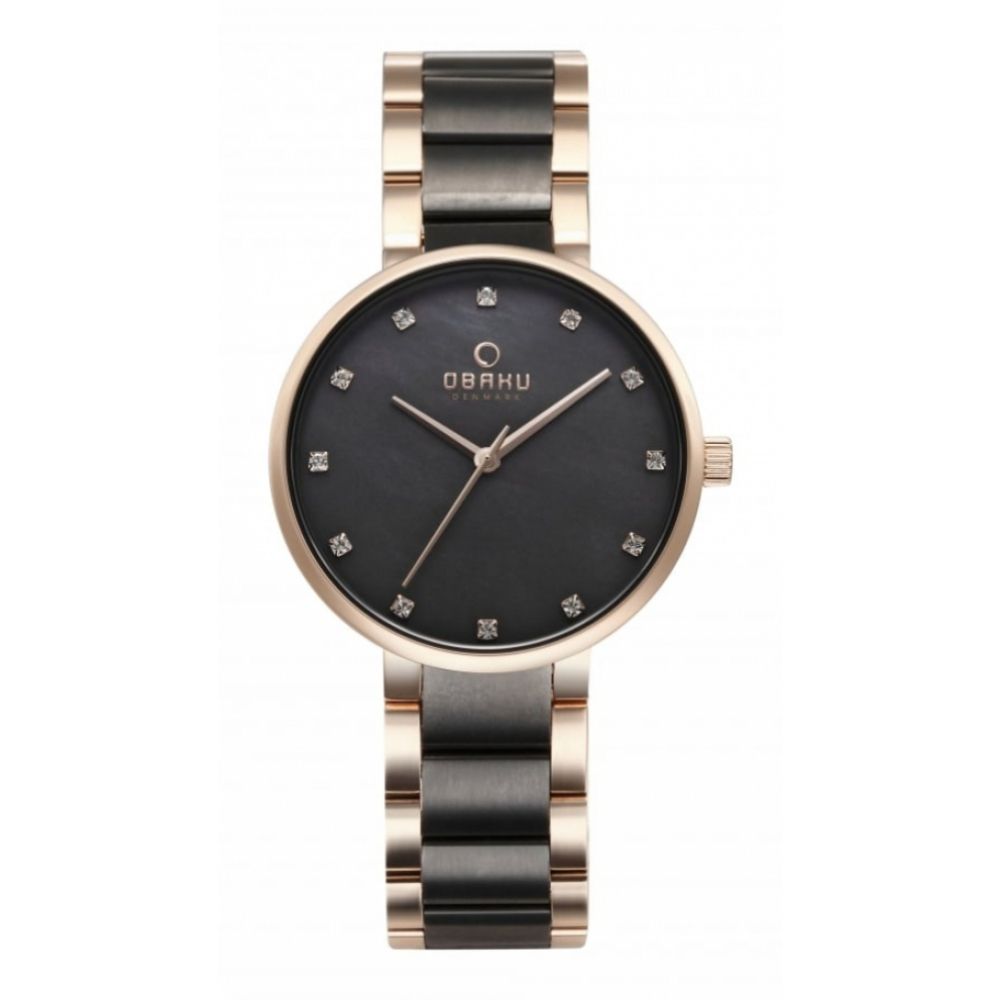Rose Gold Plated Black Dial & Two Tone Bracelet Strap Ladies Watch