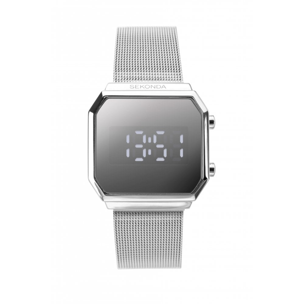 Octagonal Silver Plated Case With White LED Digital Gents Watch