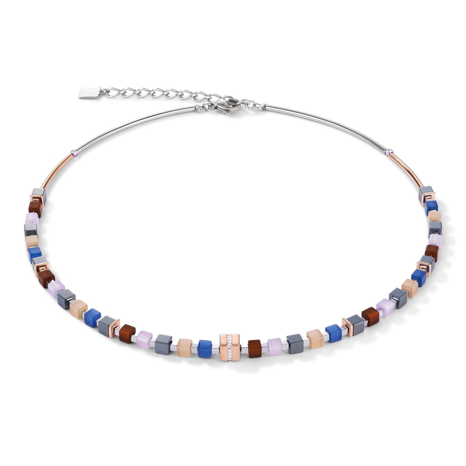 Stainless Steel Rose Gold & Crystals Pave Blue-Brown Geo Cube Necklace