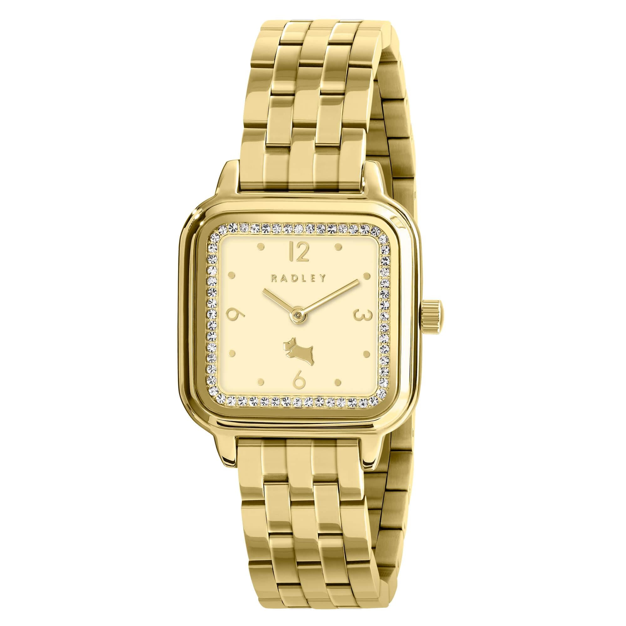 Square Gold Plated Bracelet Stone Set Watch