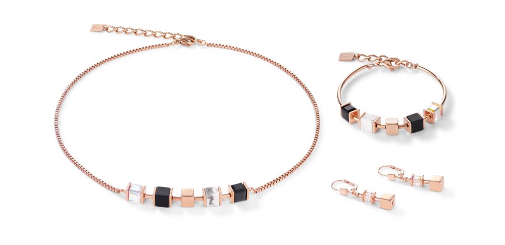 Black-white Geo Cube & Rose Gold Plated Chain Necklace